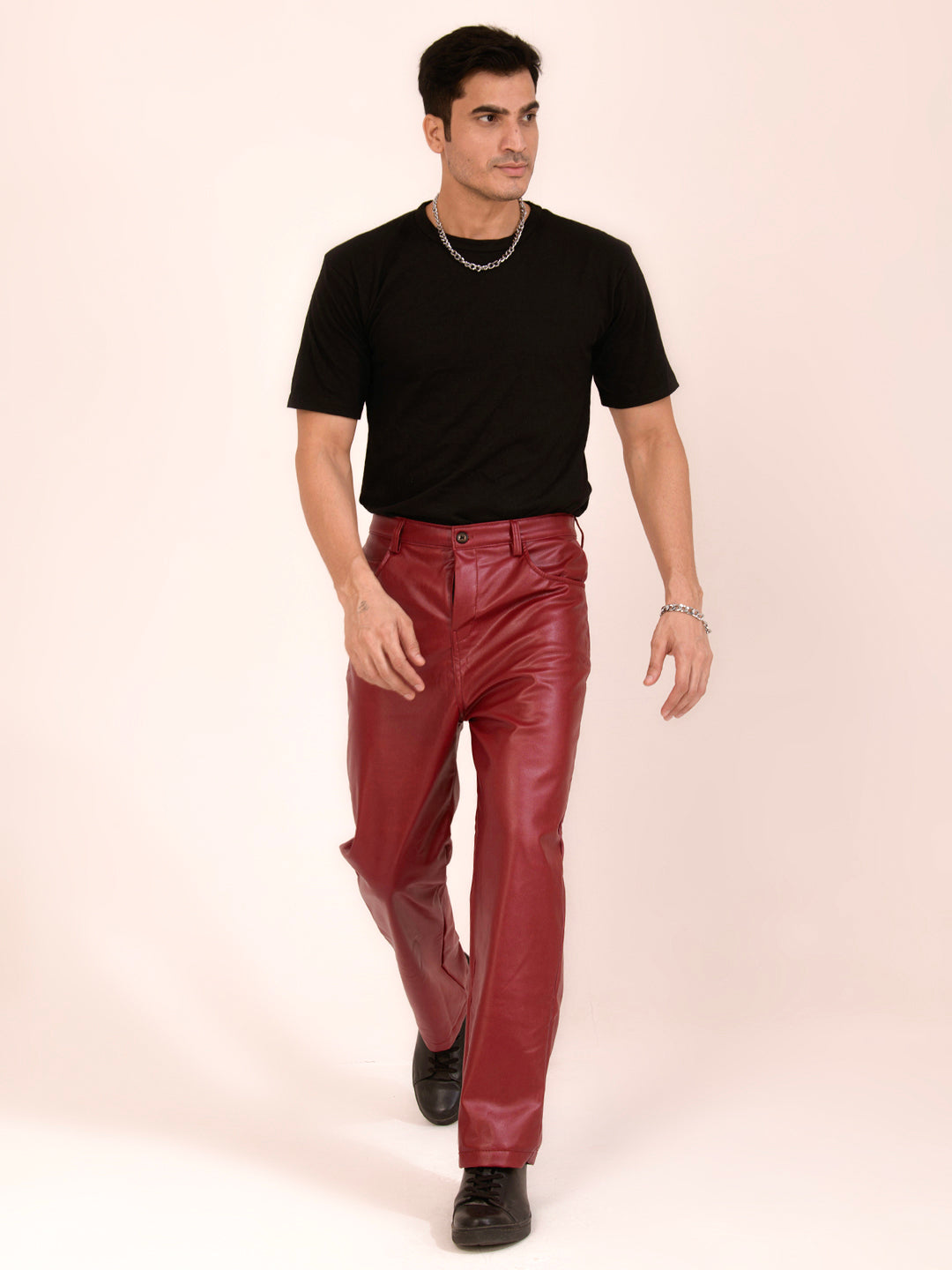 TANDUL Men Regular Fit Maroon Faux Leather Trousers