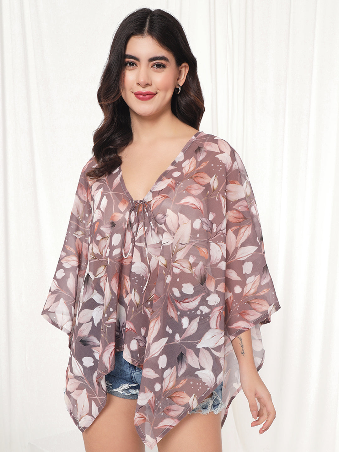 TANDUL Women Kimono Style 3/4th Sleeve Brown Shrug