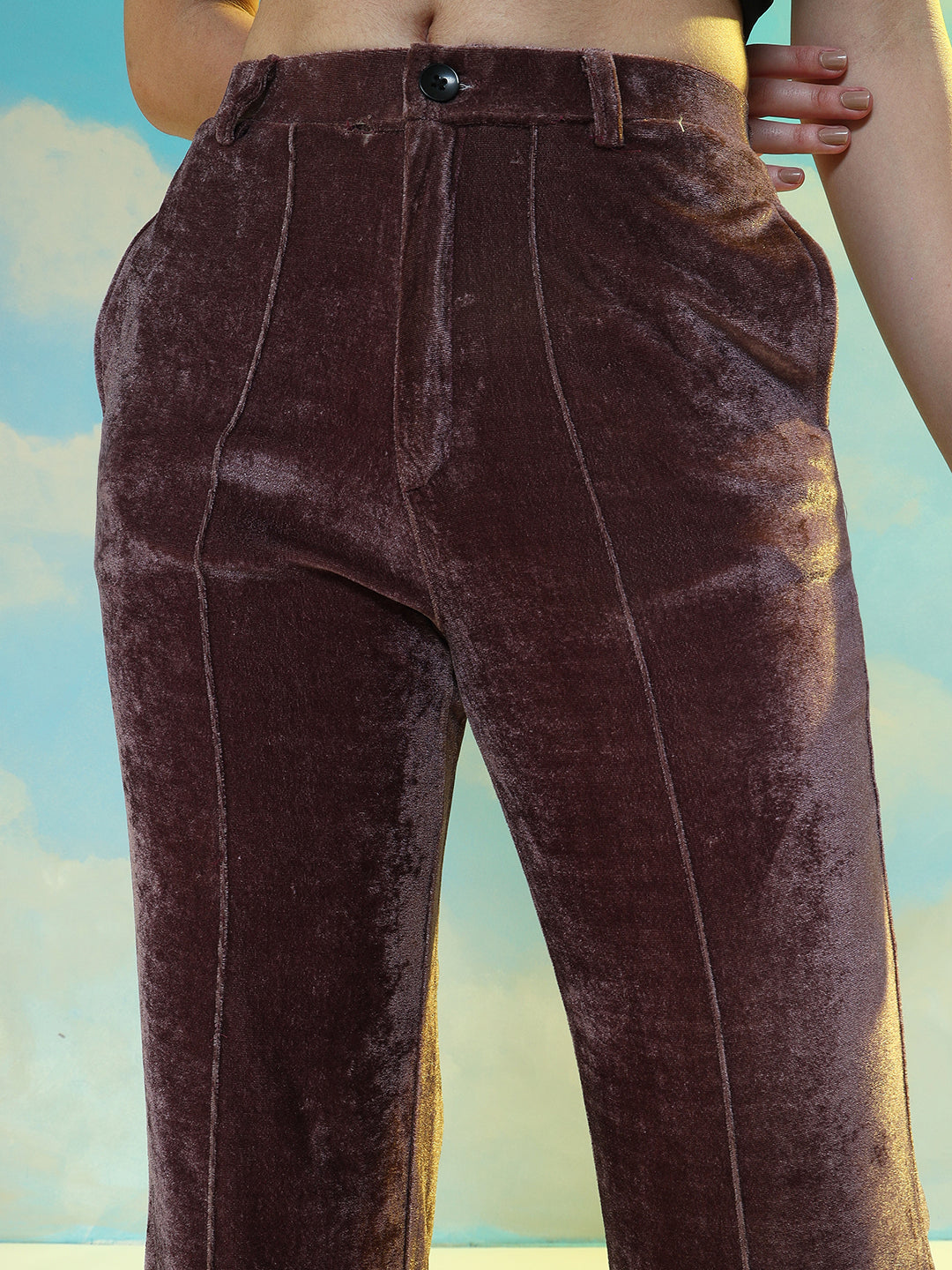 TANDUL Women Regular Fit Brown Velvet Trousers