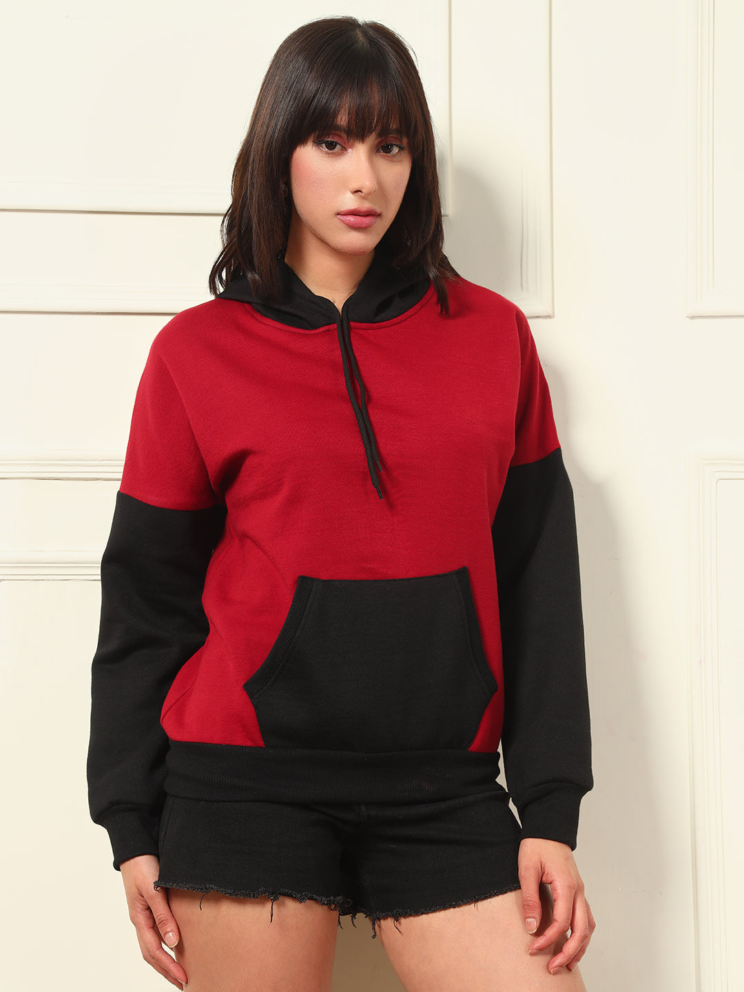 TANDUL Women Stylish Maroon and Black Hoodie