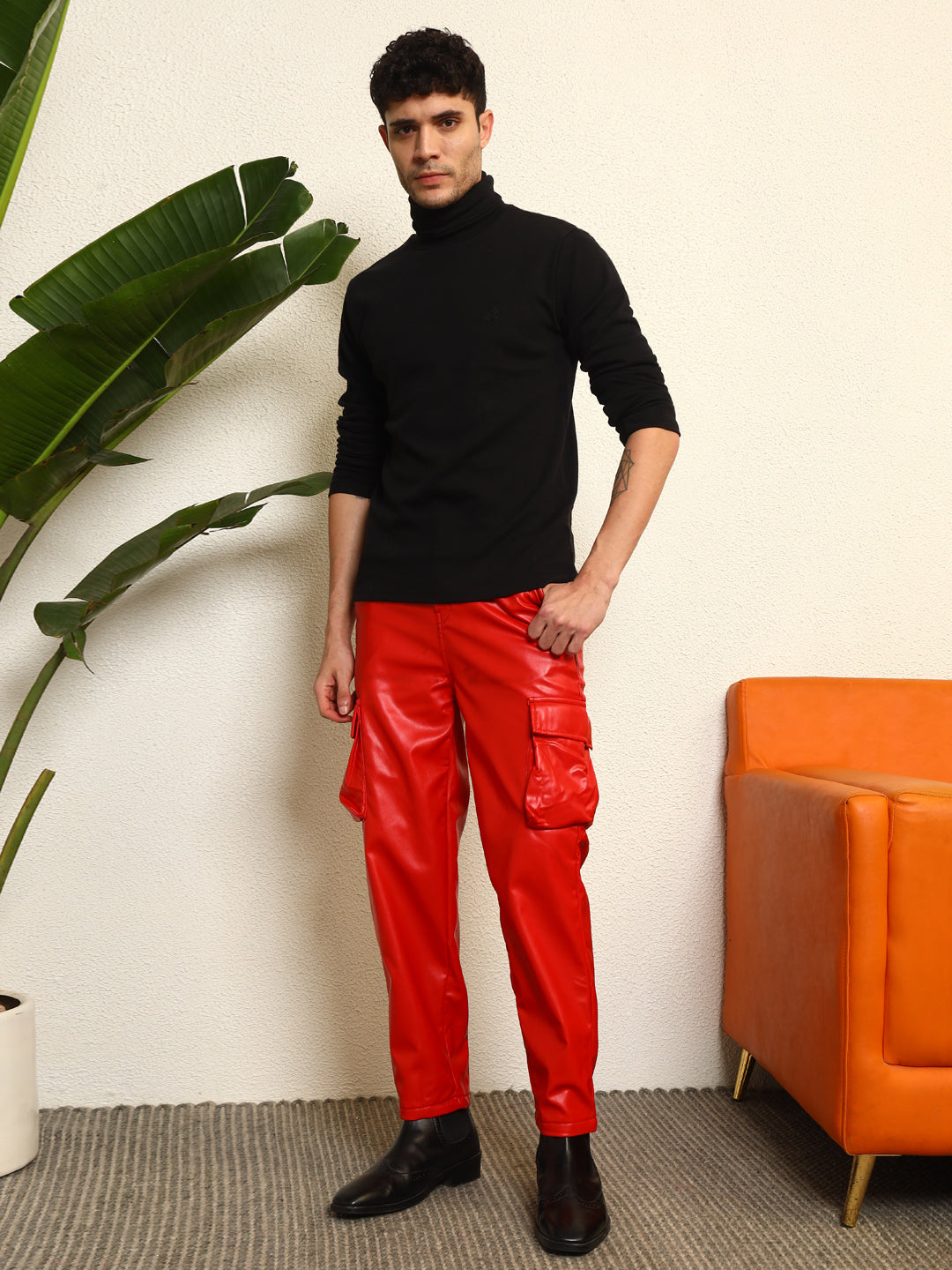 TANDUL Men Regular Fit Red Faux Leather Trousers