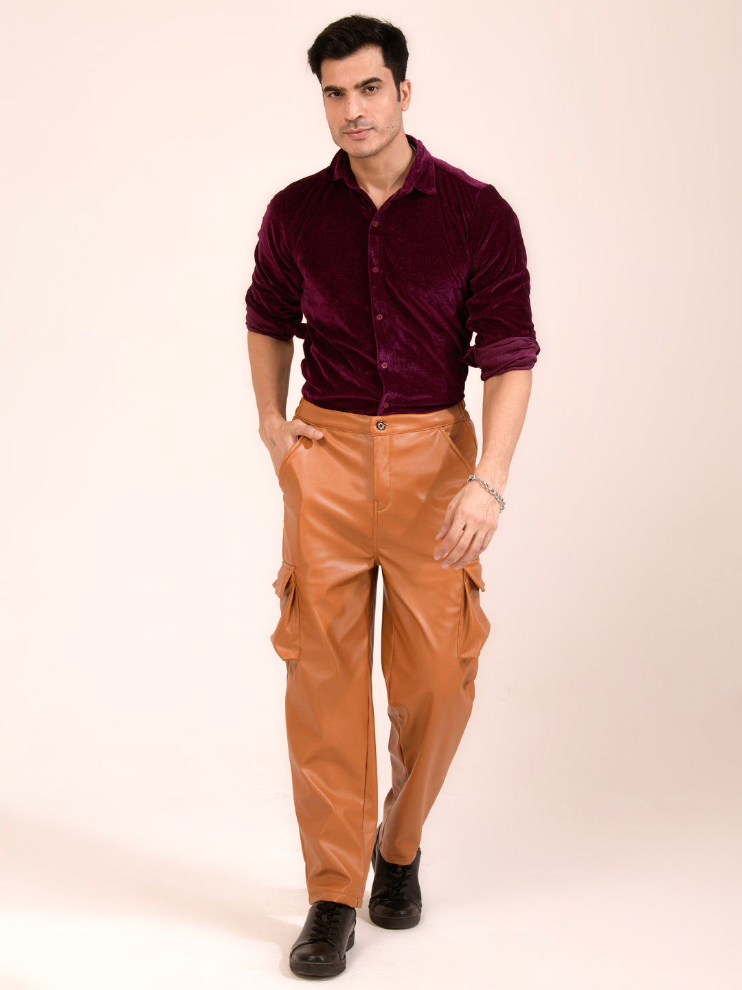TANDUL Men Regular Fit Yellow Faux Leather Trousers