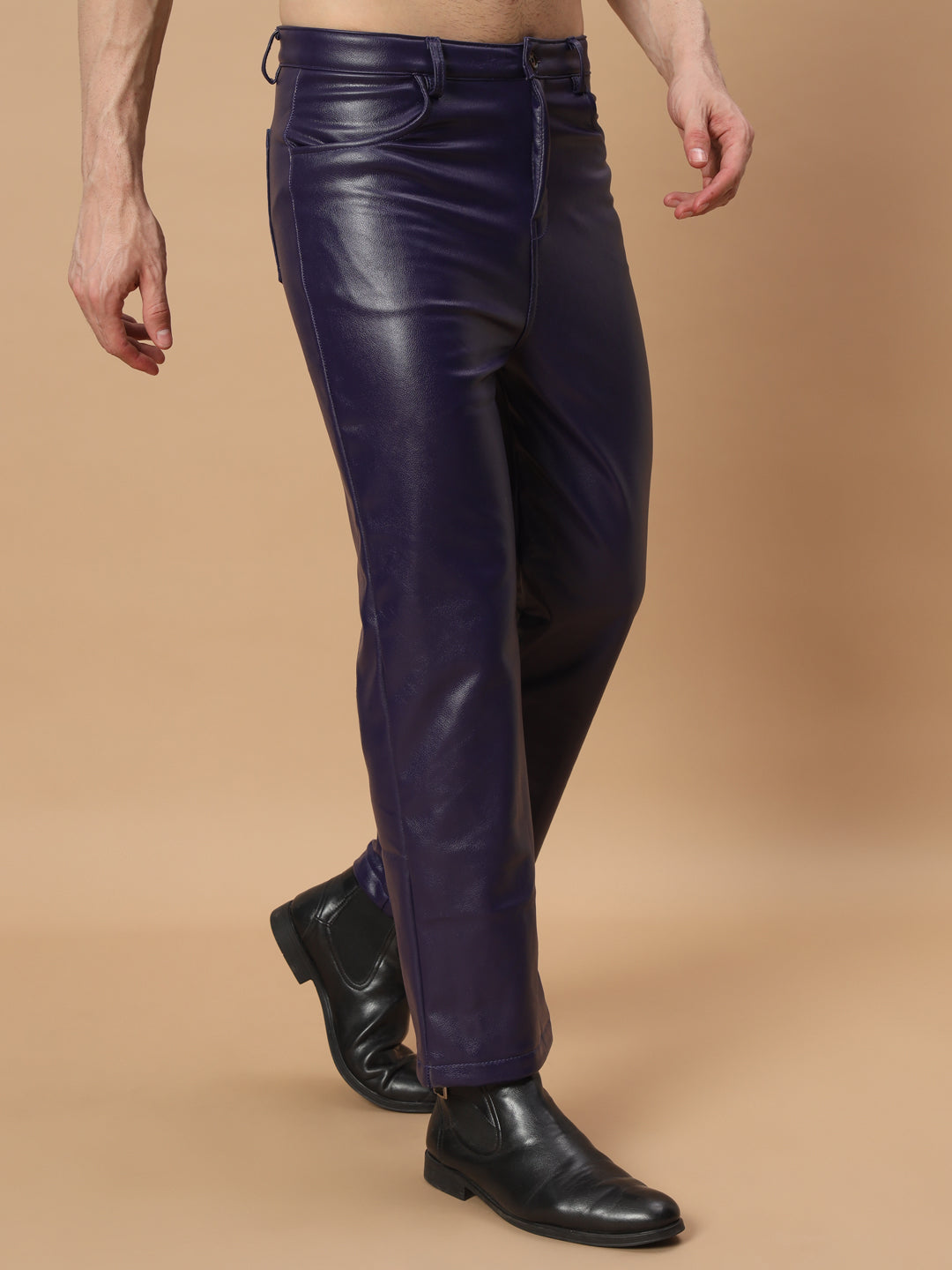 TANDUL Men Regular Fit Purple Faux Leather Trousers