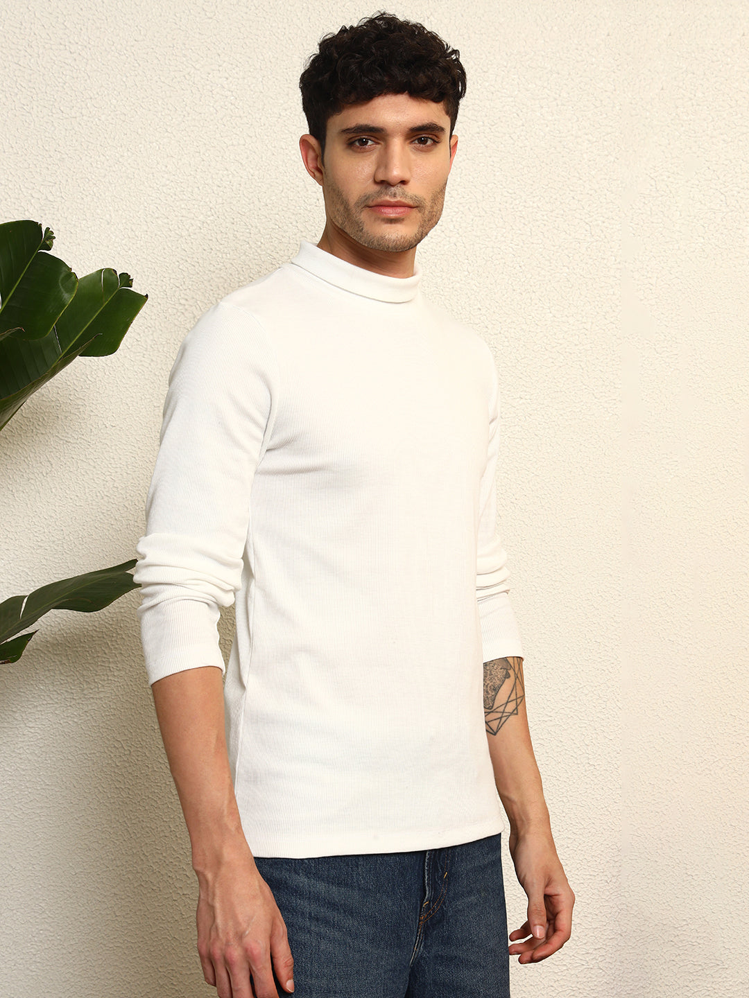 TANDUL Men Solid Turtle Neck White Sweater