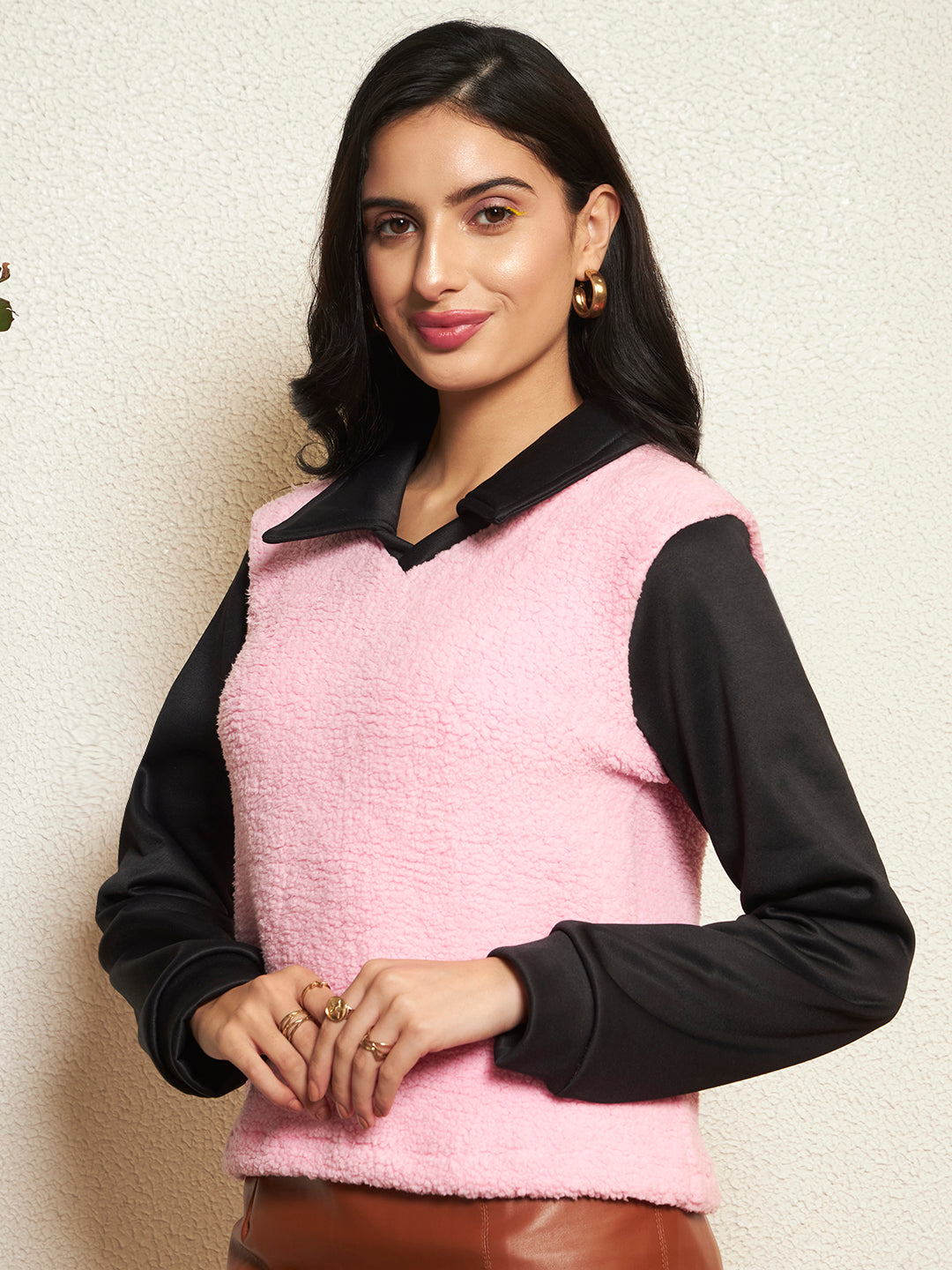 TANDUL Women Pink Fur Sweatshirt