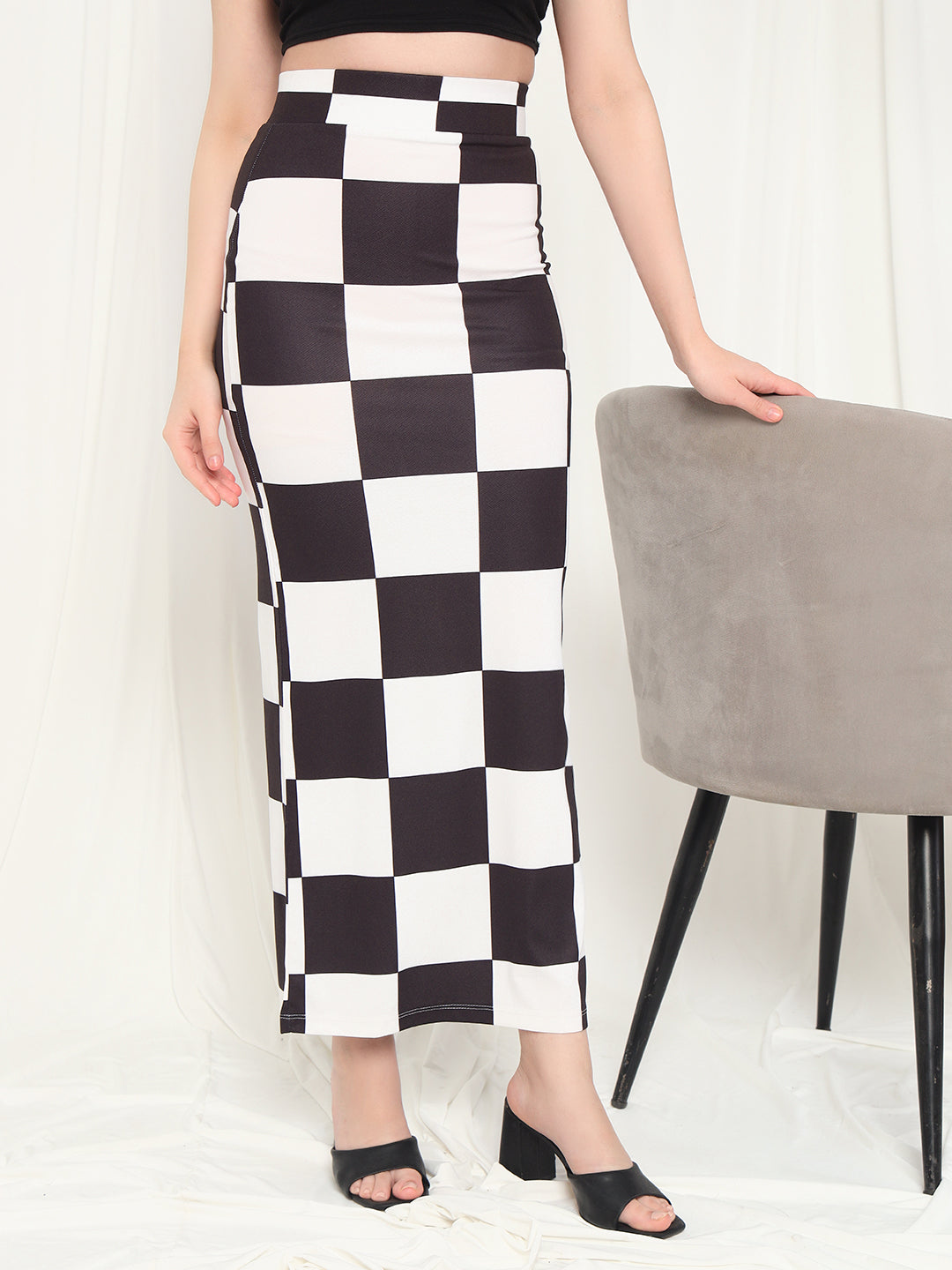 TANDUL Women Checkered Straight Black Skirt