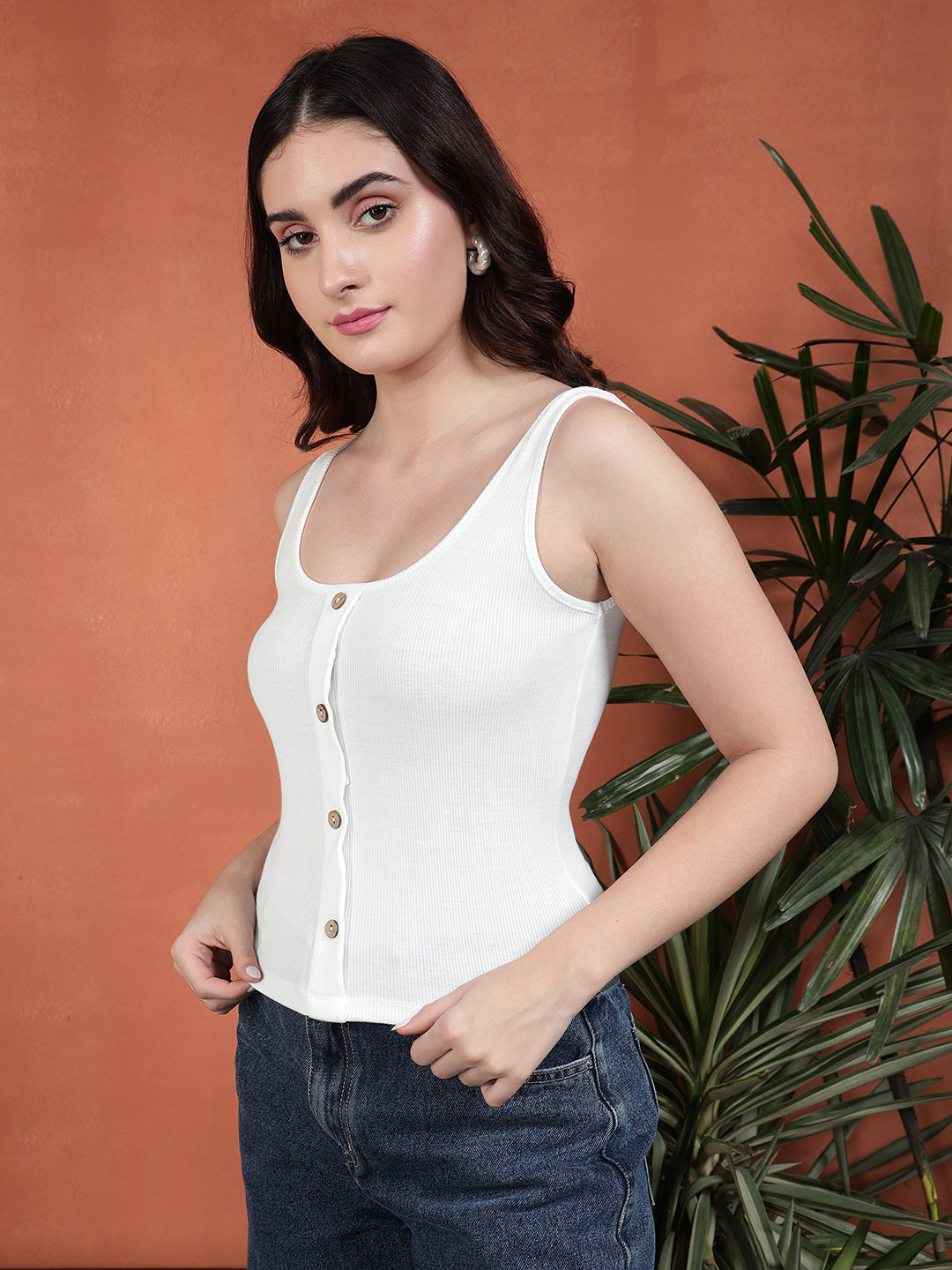 Casual Sleeveless Solid Women White Top