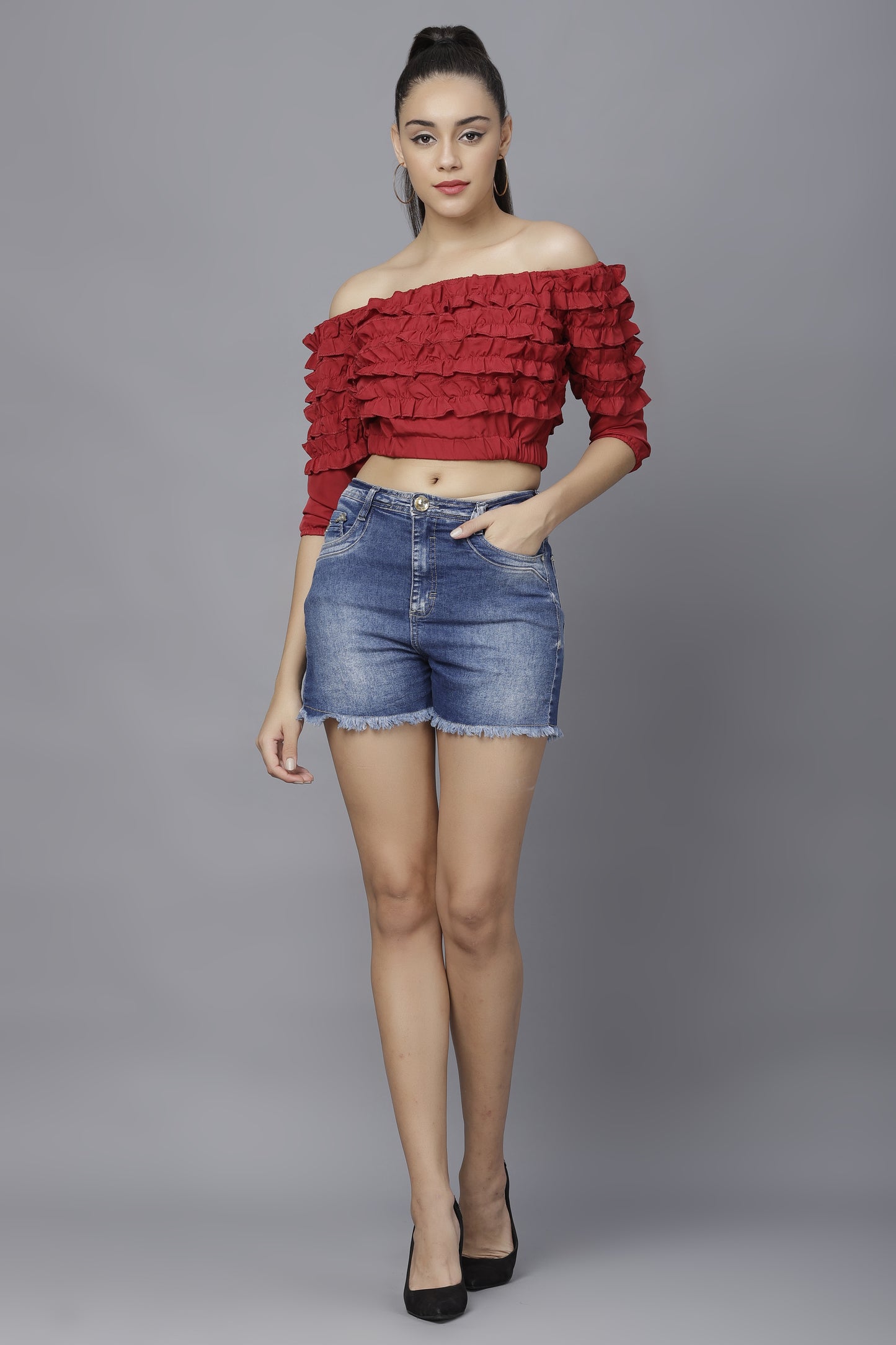 TANDUL Casual Cold Shoulder Sleeves Solid Women Maroon Top