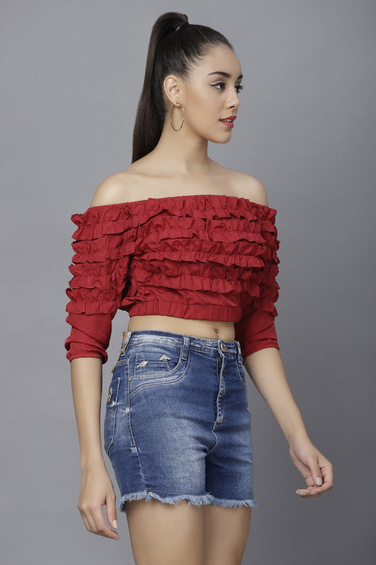 TANDUL Casual Cold Shoulder Sleeves Solid Women Maroon Top