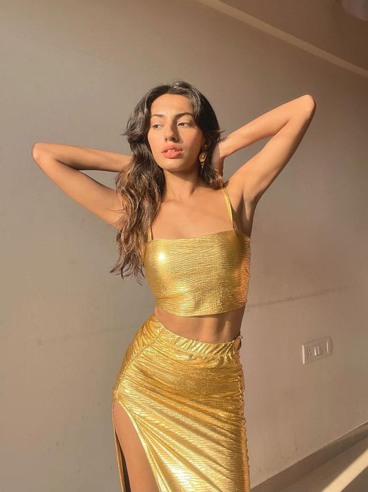 TANDUL Women Two Piece Dress Gold Dress