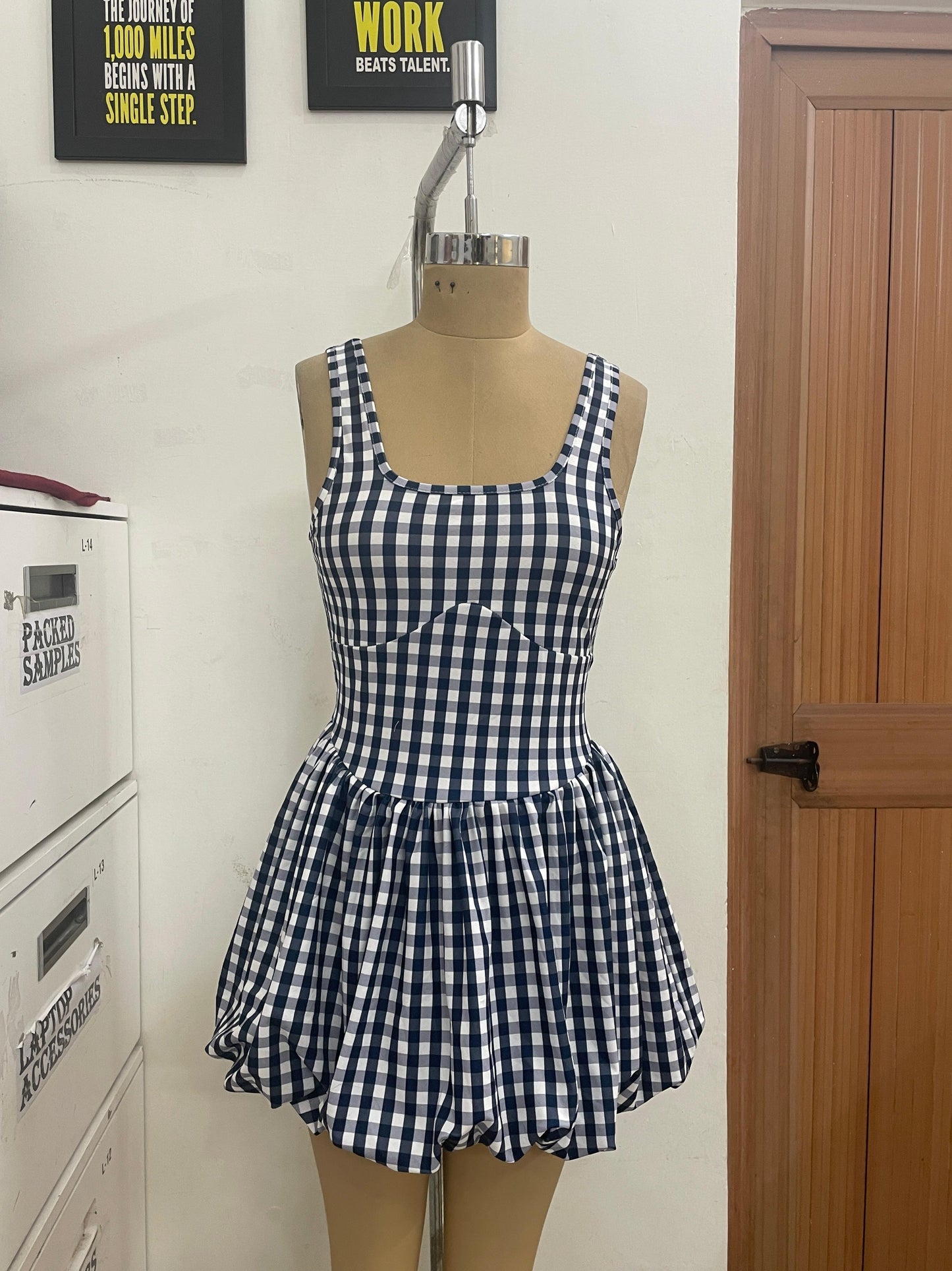 TANDUL Classic Check Printed Bubble Hem Dress