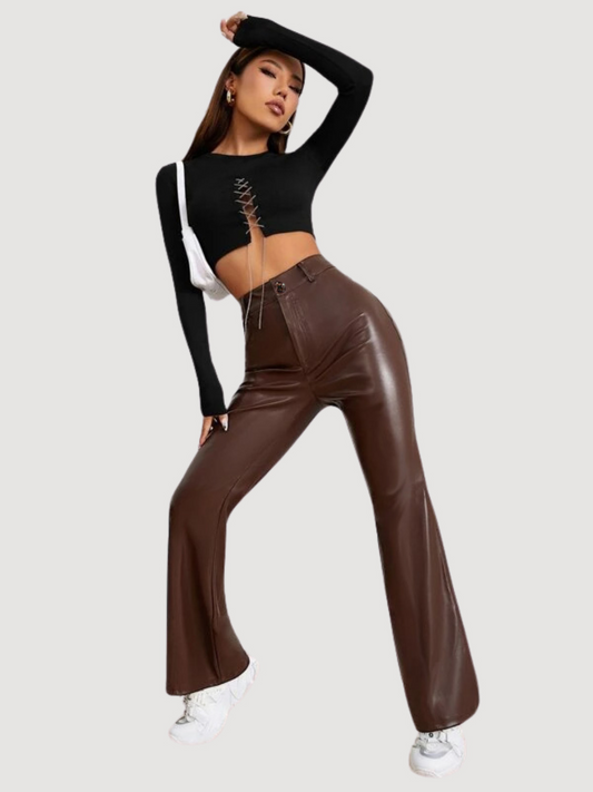 TANDUL Women Regular Fit Brown Faux Leather Trousers