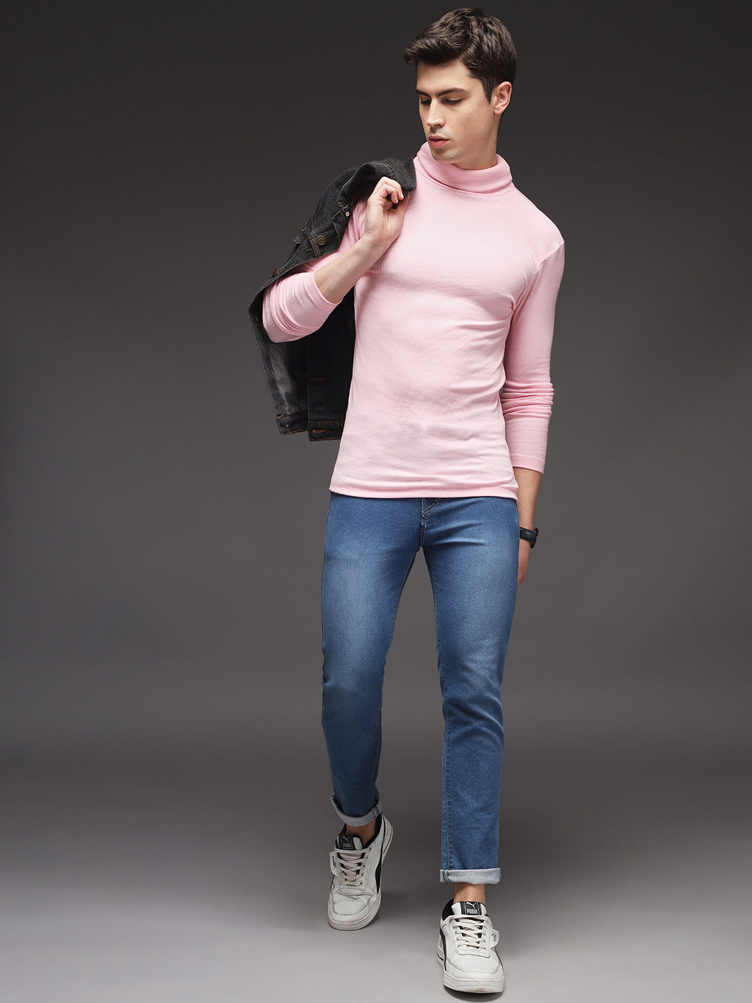 TANDUL Men Solid Turtle Neck Pink Sweater