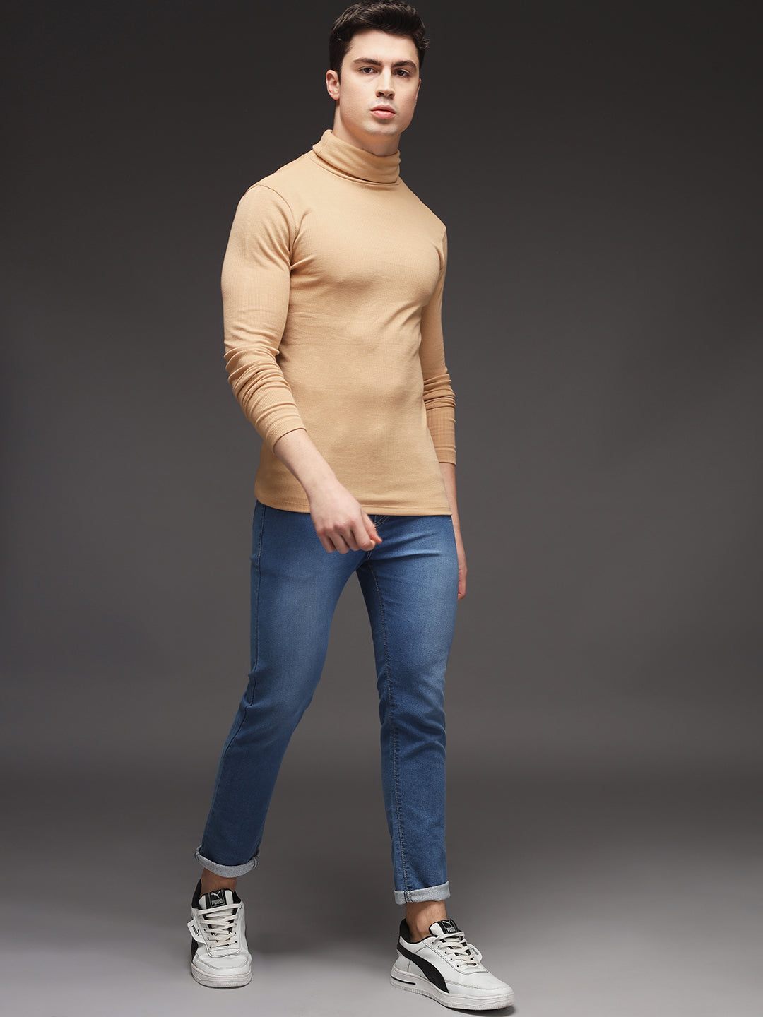 TANDUL Men Solid Turtle Neck Beige Sweater