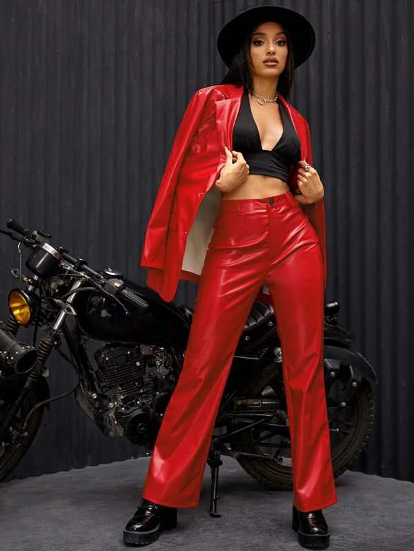 TANDUL Women Regular Fit Red Faux Leather Trousers