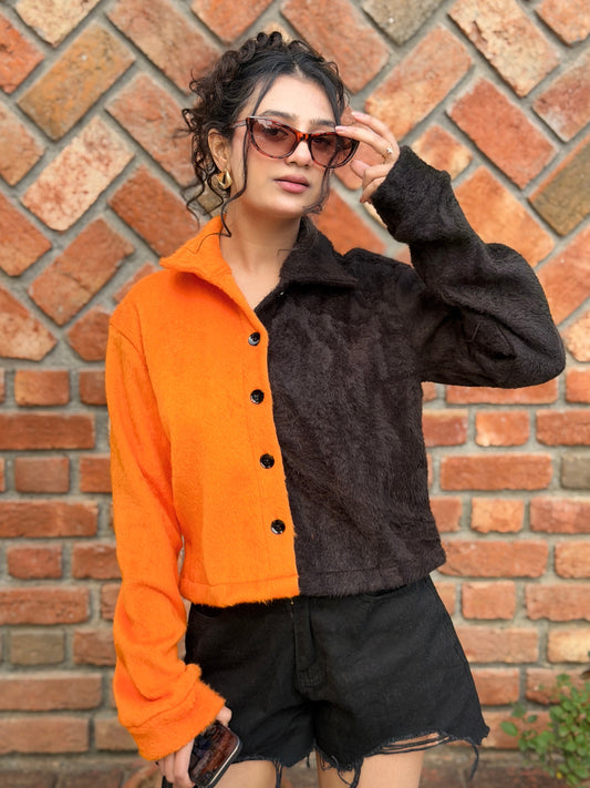 TANDUL Women Striking Orange and Black Fur Jacket