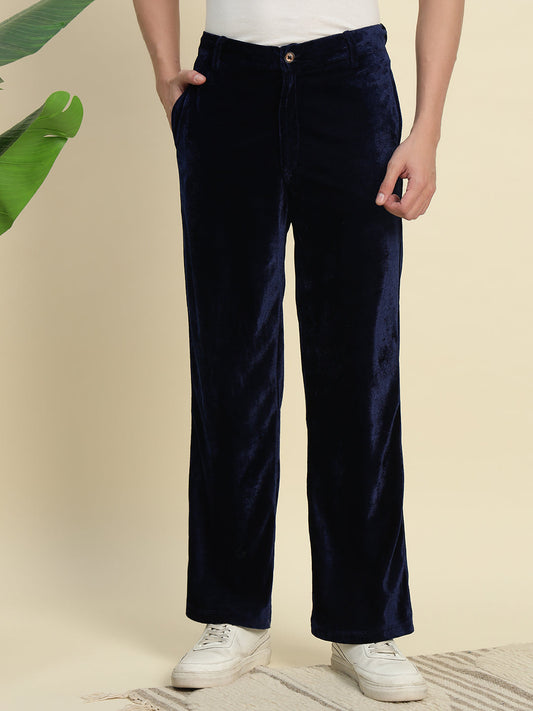 TANDUL Men's Navy Blue Velvet Trouser