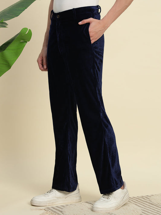 TANDUL Men's Navy Blue Velvet Trouser