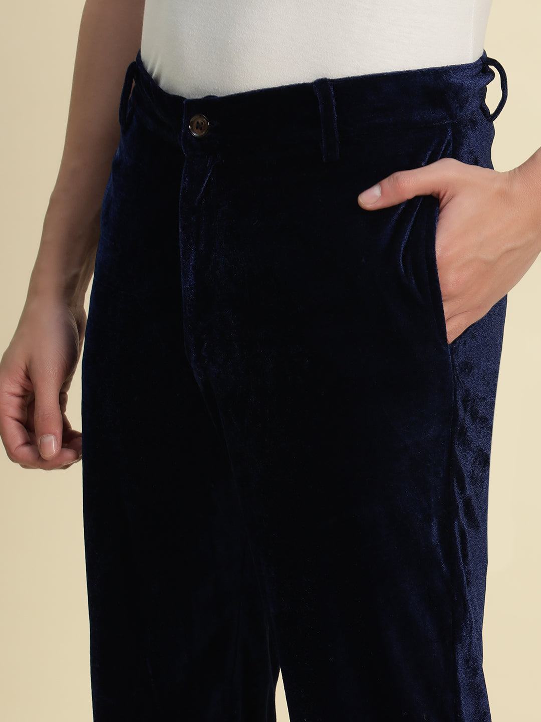 TANDUL Men's Navy Blue Velvet Trouser