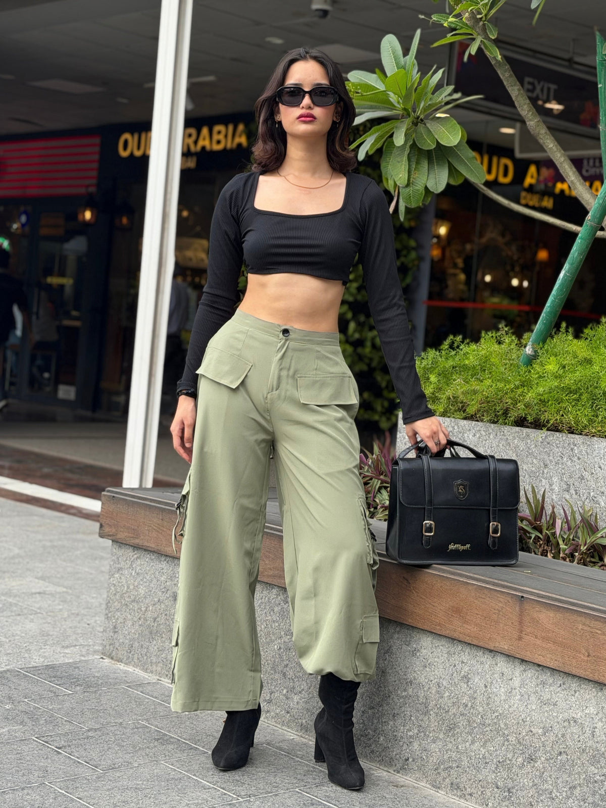 TANDUL Women Sage Green Ultra-Wide Leg Cargo Trousers