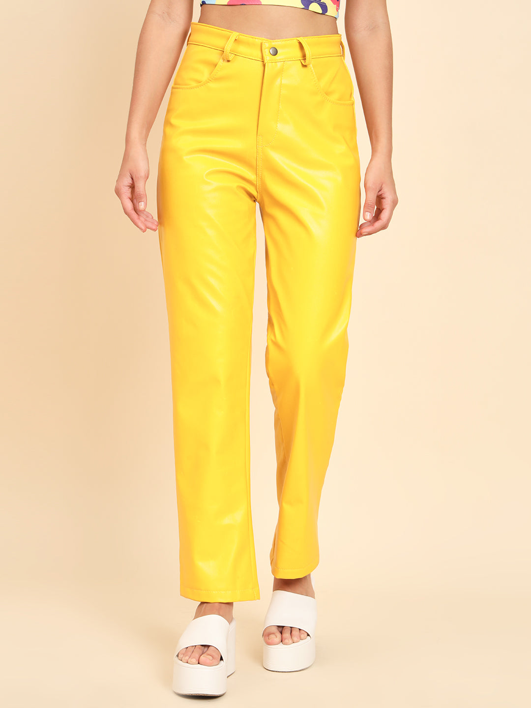 TANDUL Women Regular Fit Yellow Faux Leather Trousers