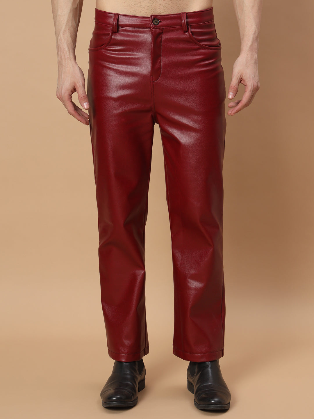 TANDUL  Men Regular Fit Maroon Faux Leather Trousers