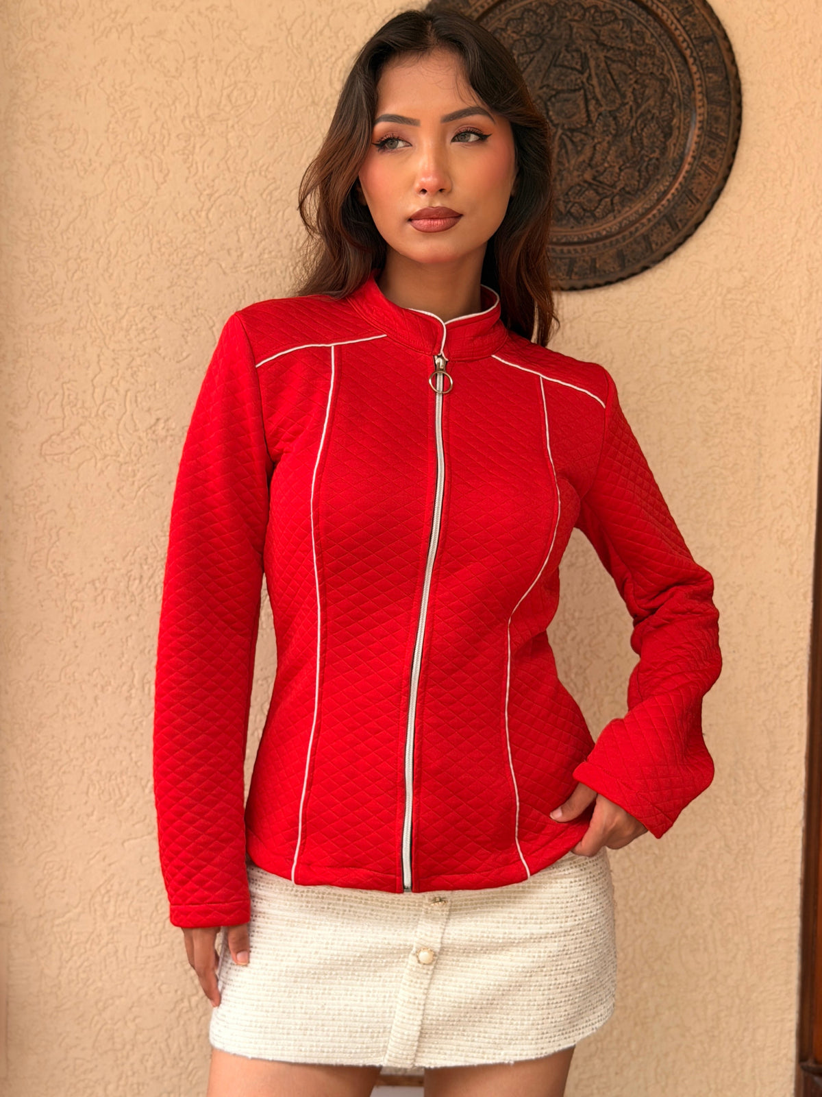 TANDUL Women Quilted Diamond-Stitch Red Zip-Up Jacket