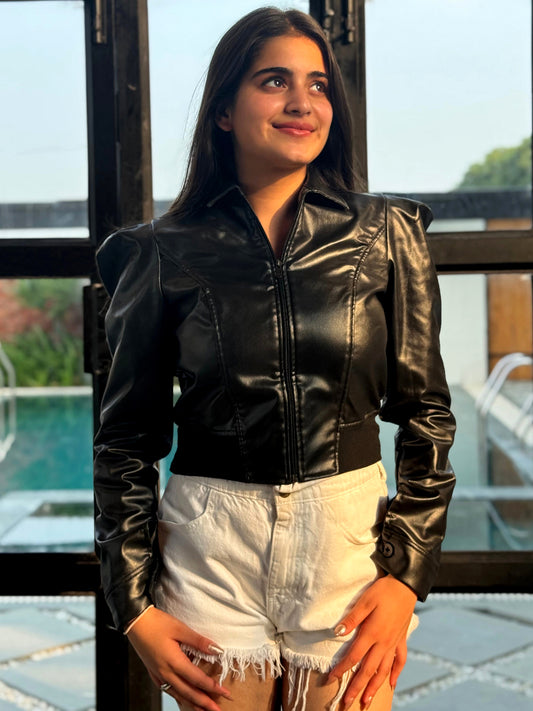 TANDUL Leather Black Solid Jacket For Women