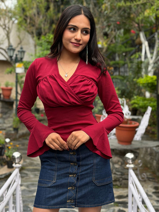 TANDUL Women Maroon Bell sleeves Top