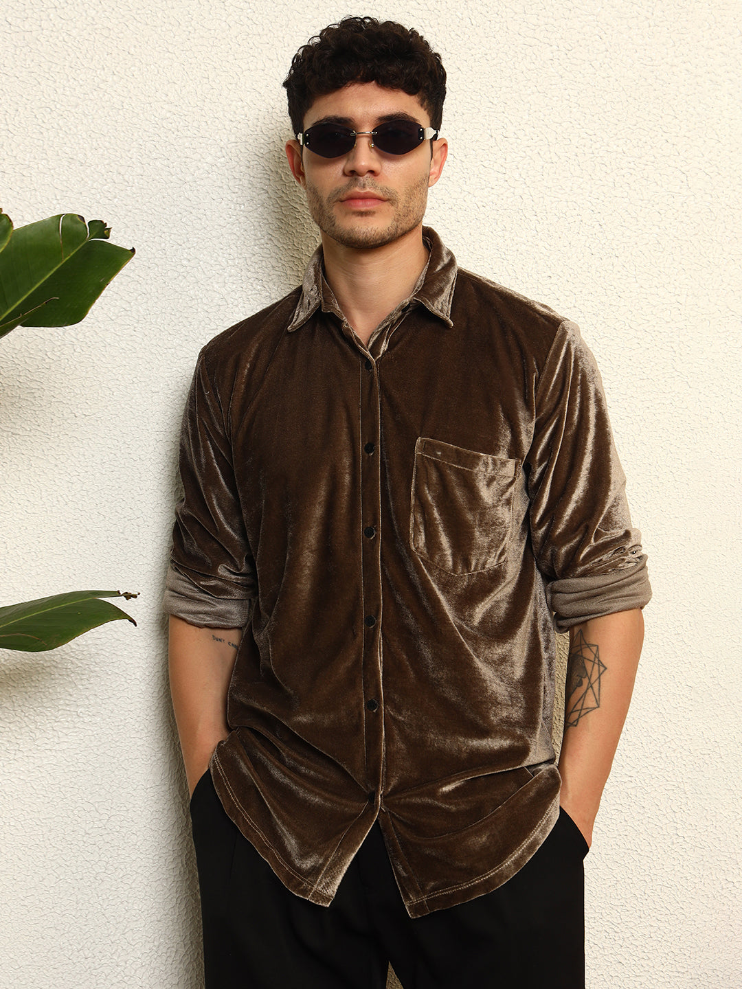 TANDUL Mens's Alluring Grey Velvet Shirt