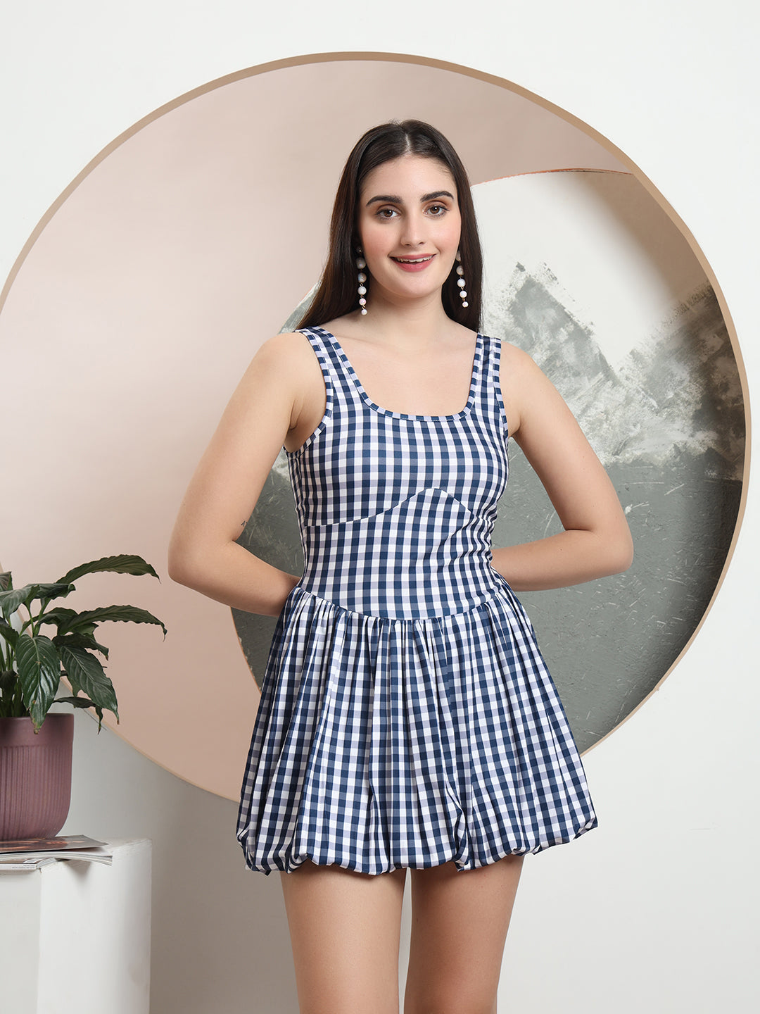 TANDUL Classic Check Printed Bubble Hem Dress