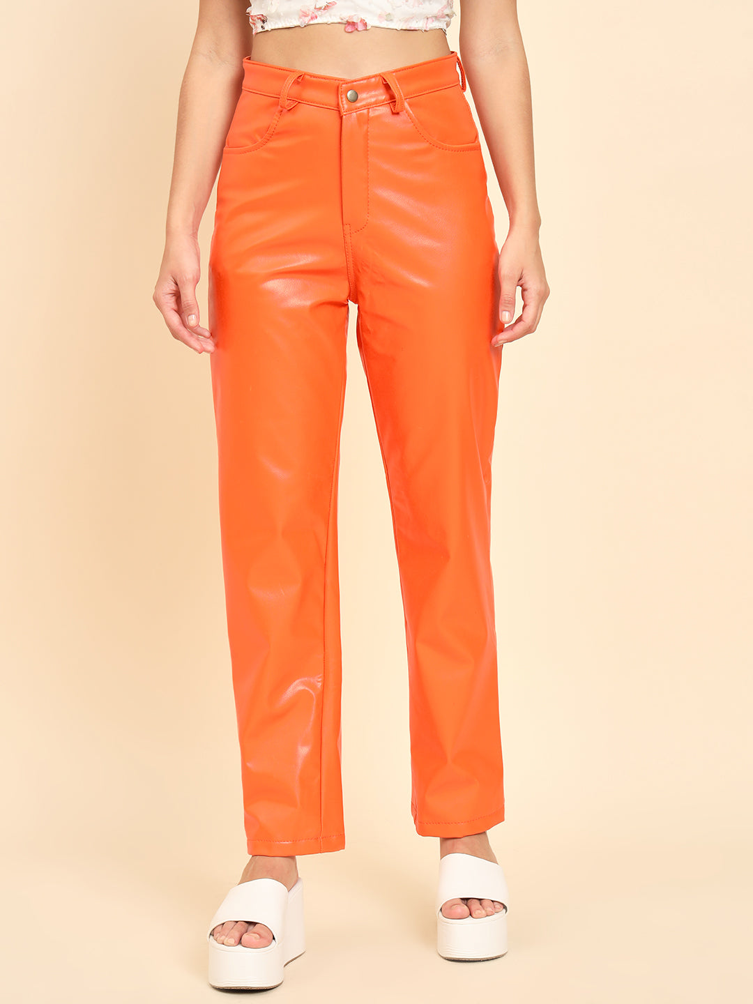 TANDUL Women Regular Fit Orange Faux Leather Trousers