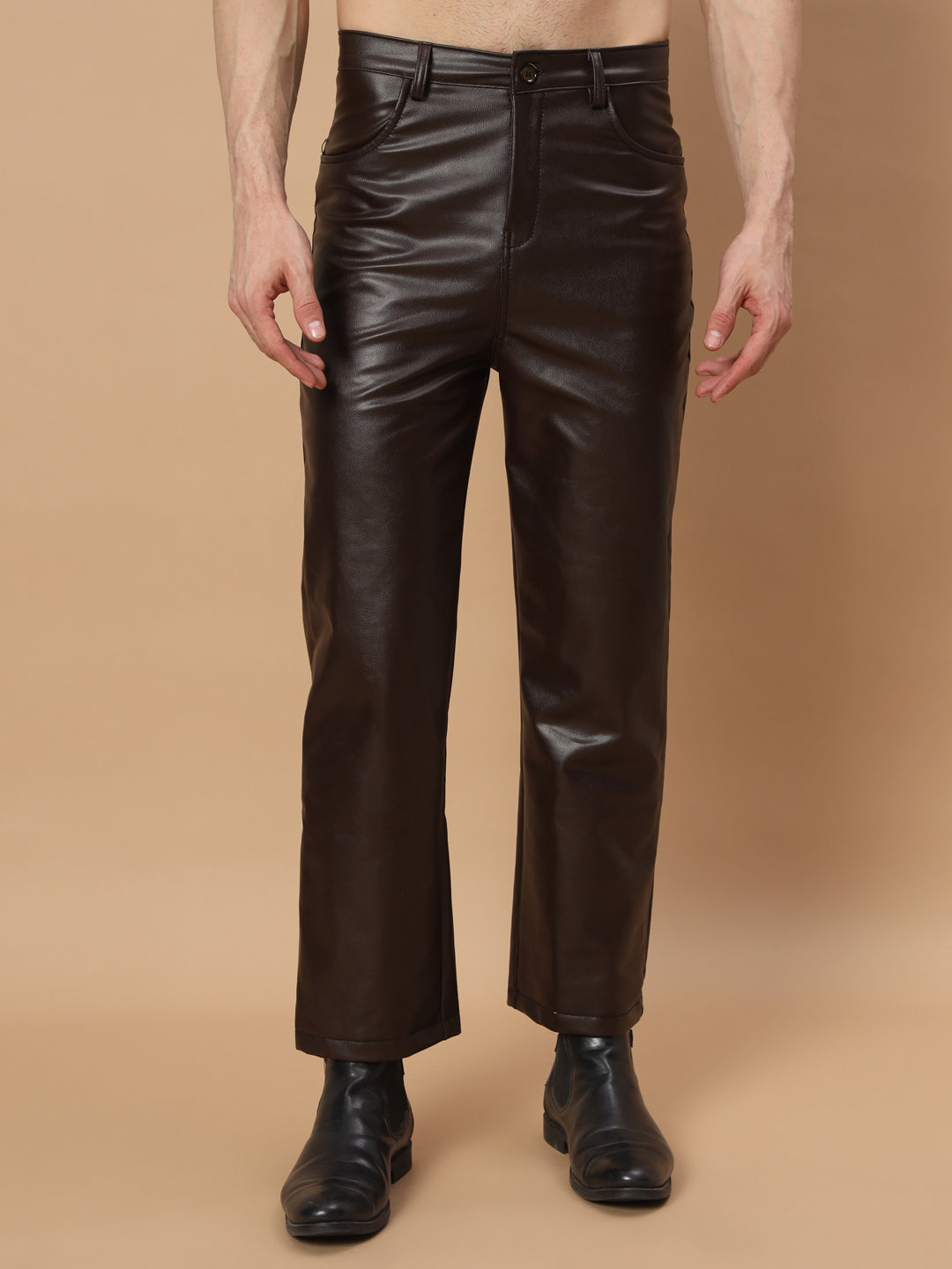 TANDUL  Men Regular Fit Brown Faux Leather Trousers