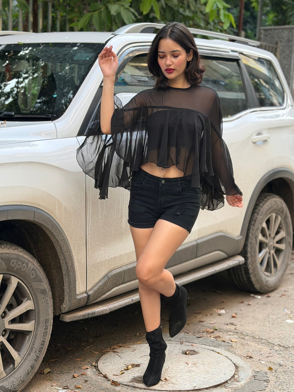 TANDUL Women's Black Sheer Cape Top