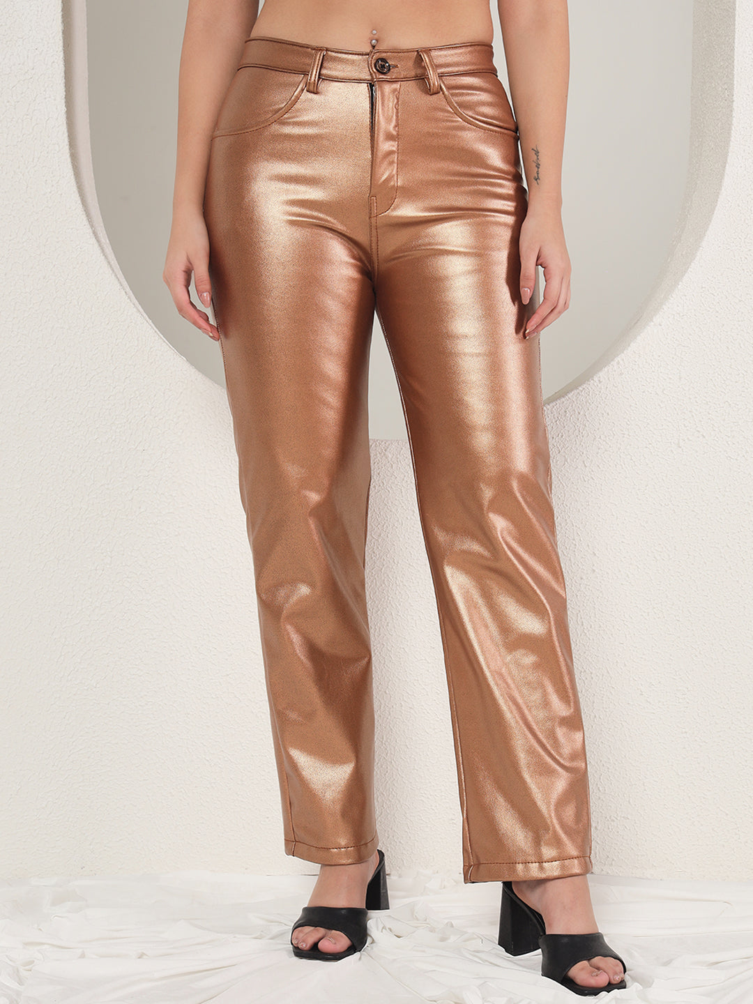 TANDUL  Women Regular Fit Gold Faux Leather Trousers