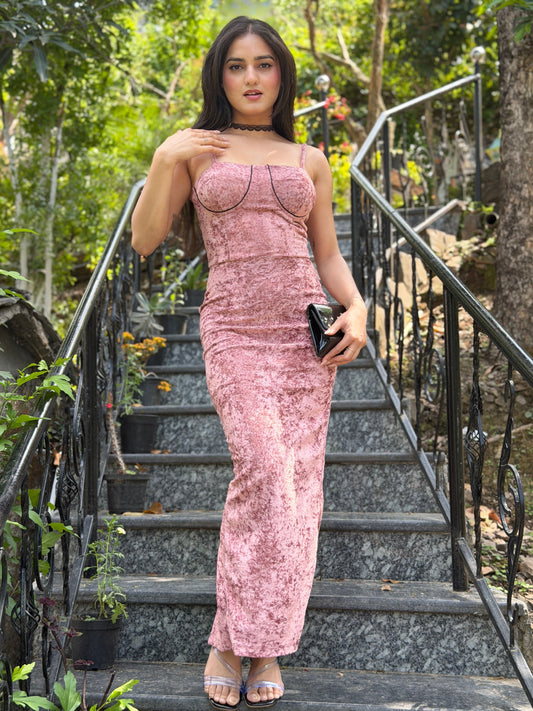 TANDUL Women Exquisite Pink Velvet Back Slit Dress