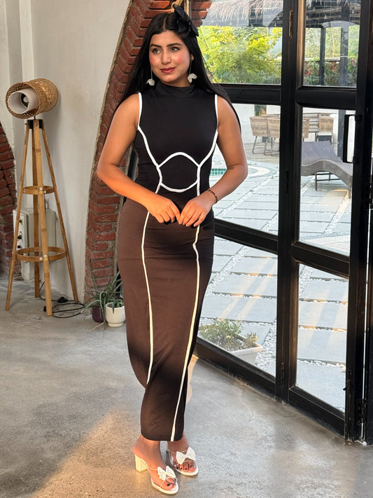 TANDUL Women Stunning Black Dress with White Detailing