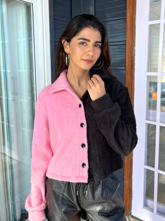 TANDUL Women Stylish Pink and Black Fur Jacket