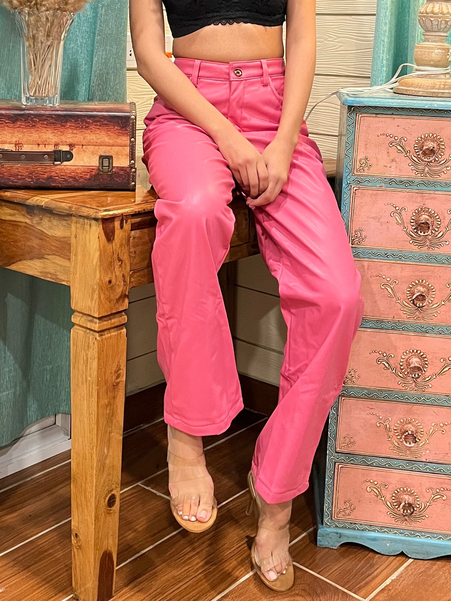 TANDUL Women Chic Leather Pink Trouser