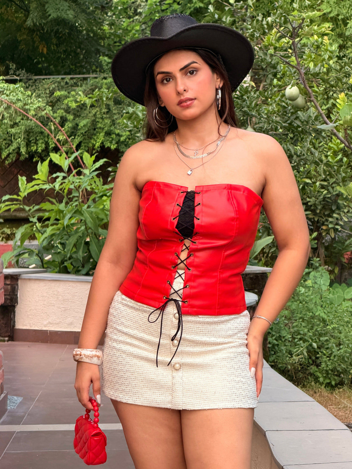 TANDUL Women Red Faux Leather Strapless Tube Top