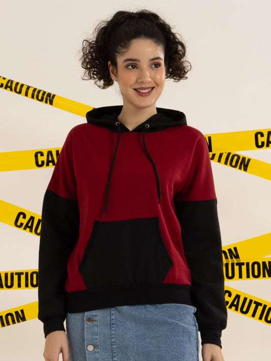 TANDUL Women Stylish Maroon and Black Hoodie