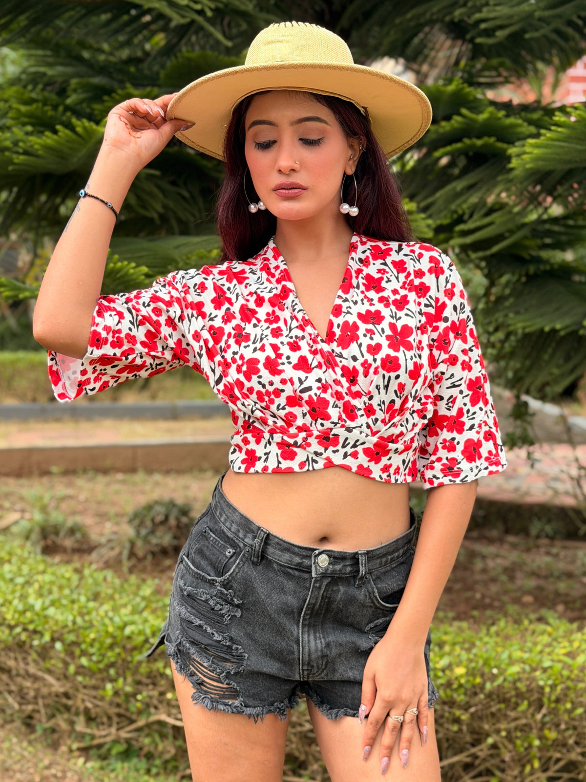 TANDUL Women Poppy Floral Surplice Crop Top