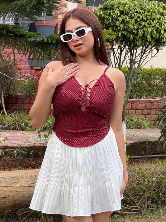 TANDUL Women Dazzling Maroon Sequin Top