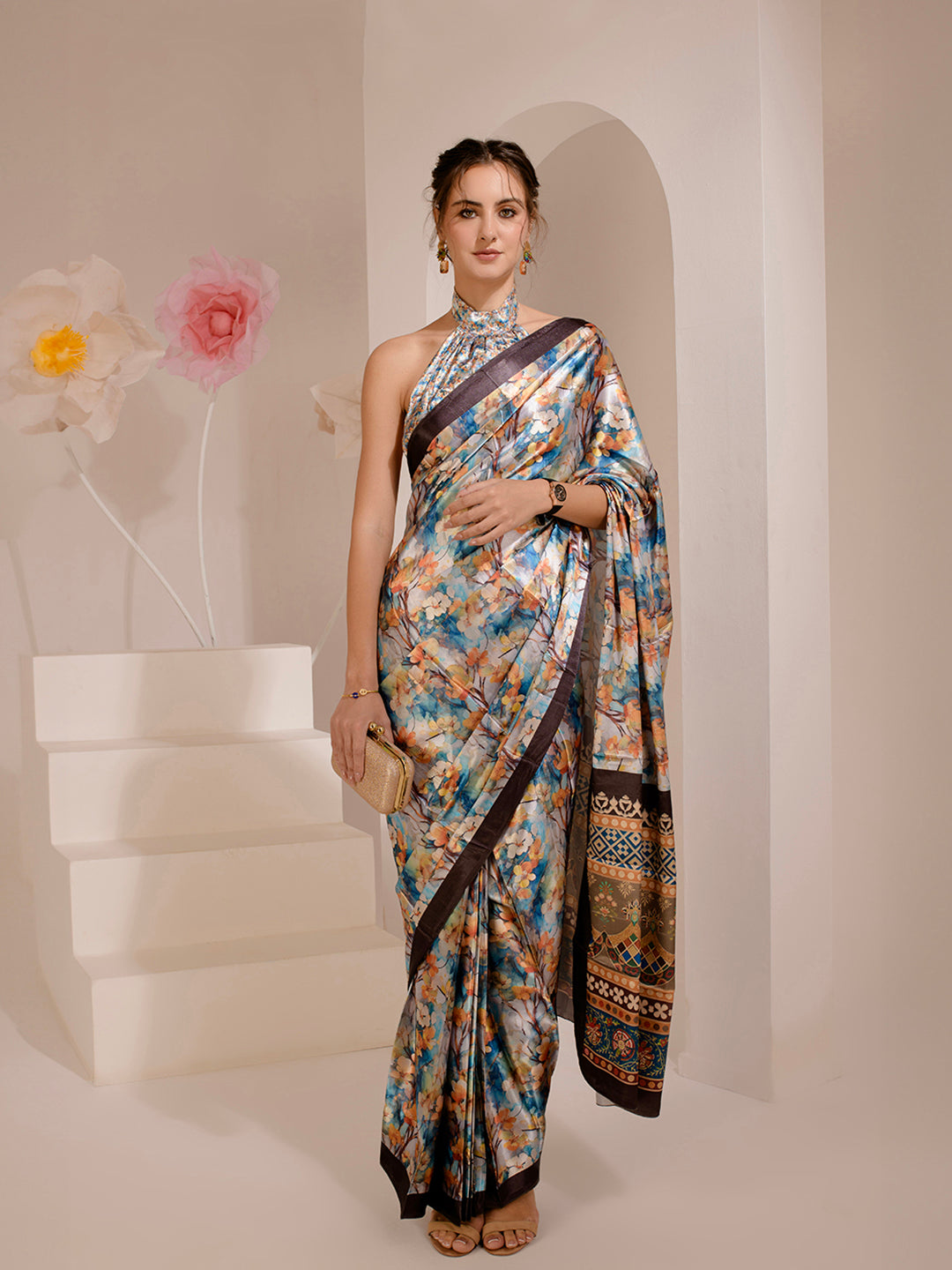 ELTIRE Floral Print Bollywood Satin Saree (Multicolor)