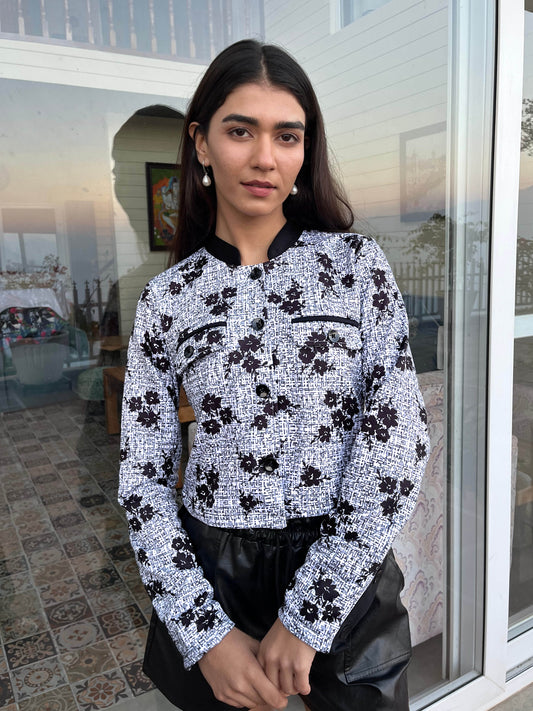 TANDUL Women Stunning Black and White Floral Print Jacket