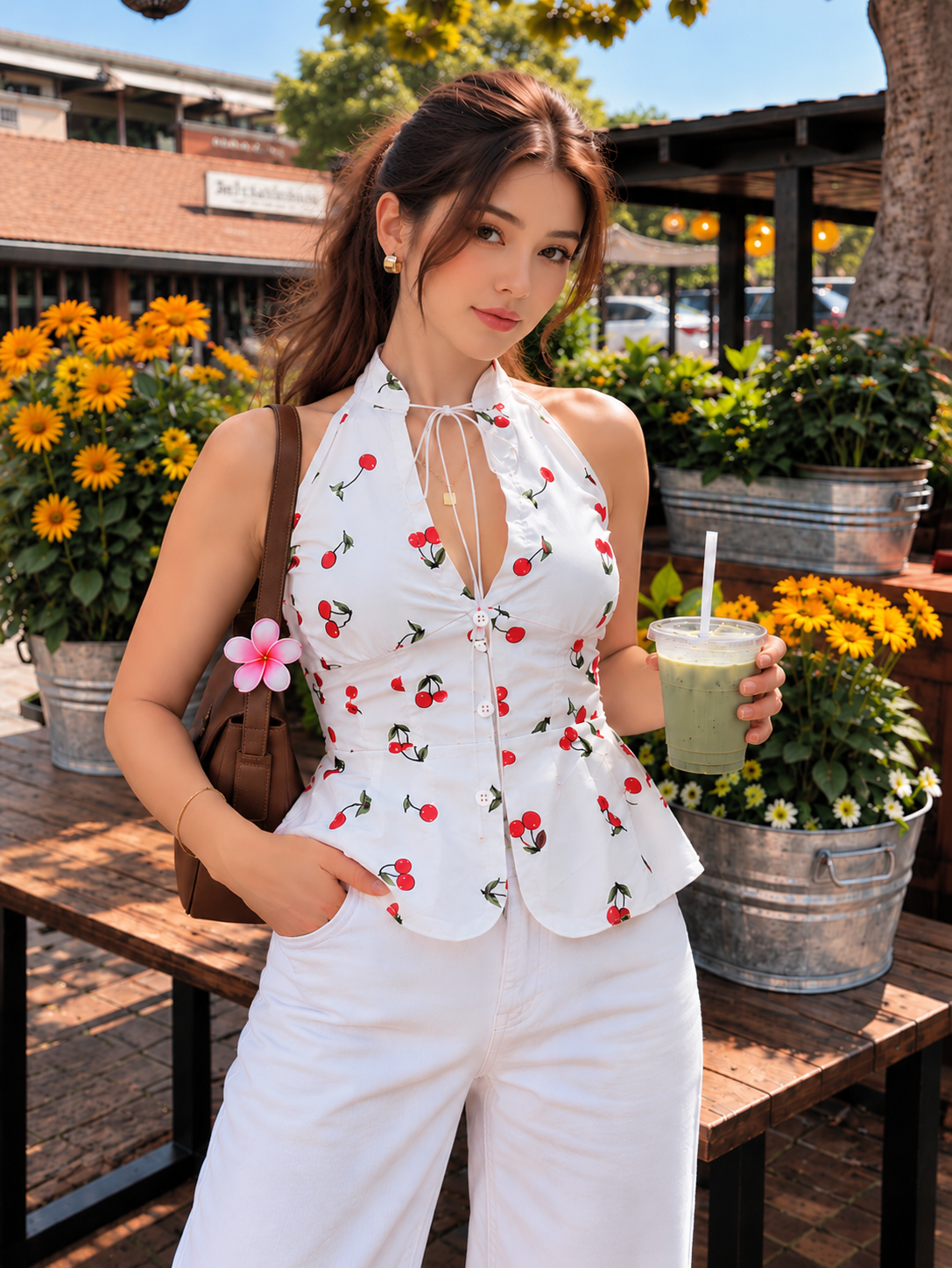 TANDUL Women Retro Cherry Print Halter Neck Peplum Top