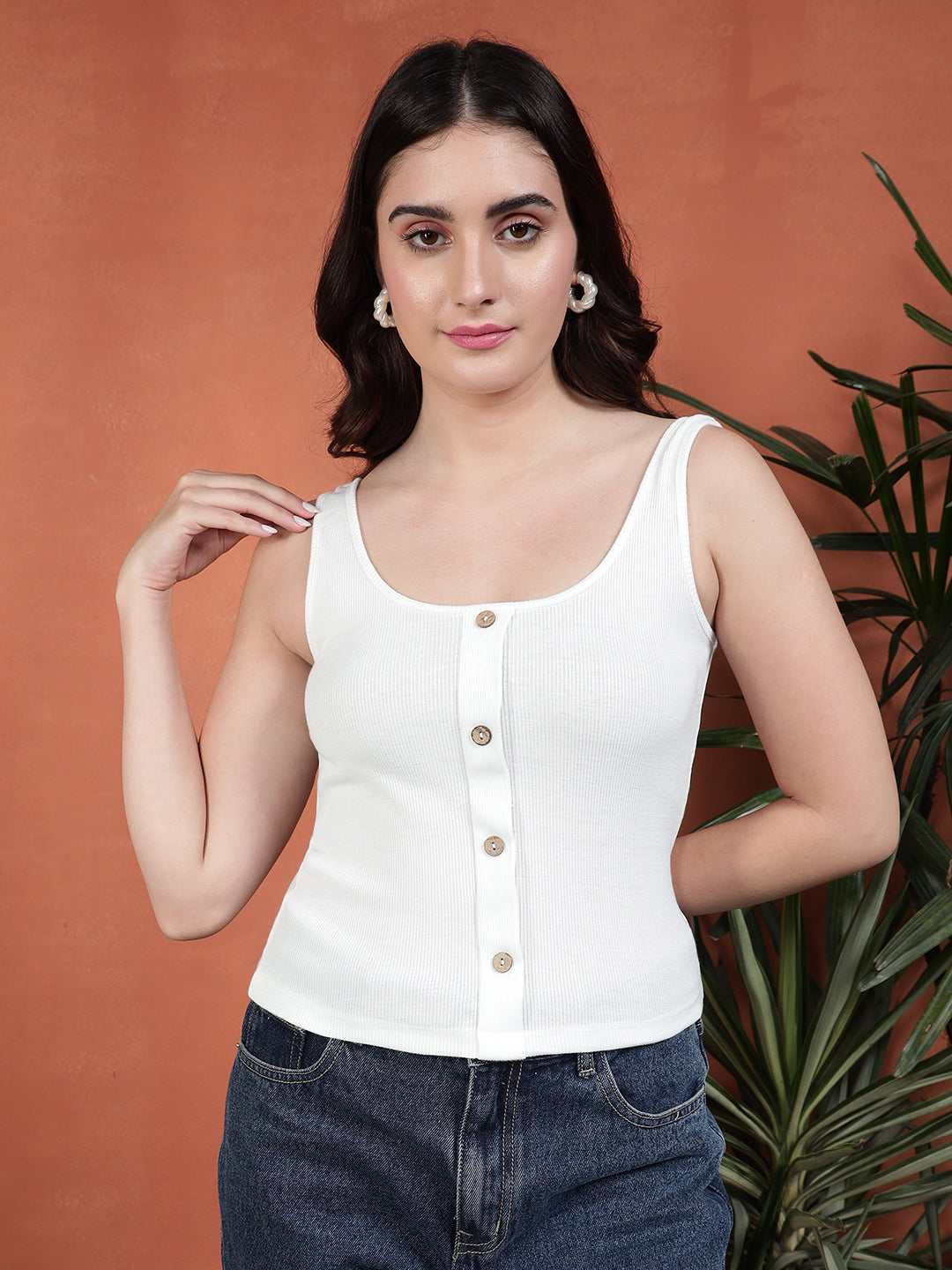 Casual Sleeveless Solid Women White Top