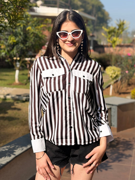 TANDUL Women Chic Black and White Striped Shirt