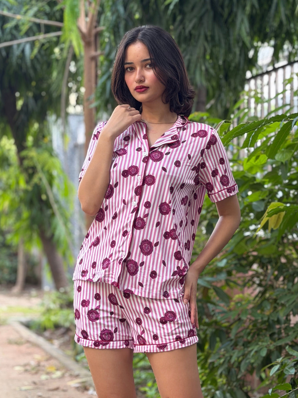TANDUL Women Pink Striped Button-Down Summer Nightsuit