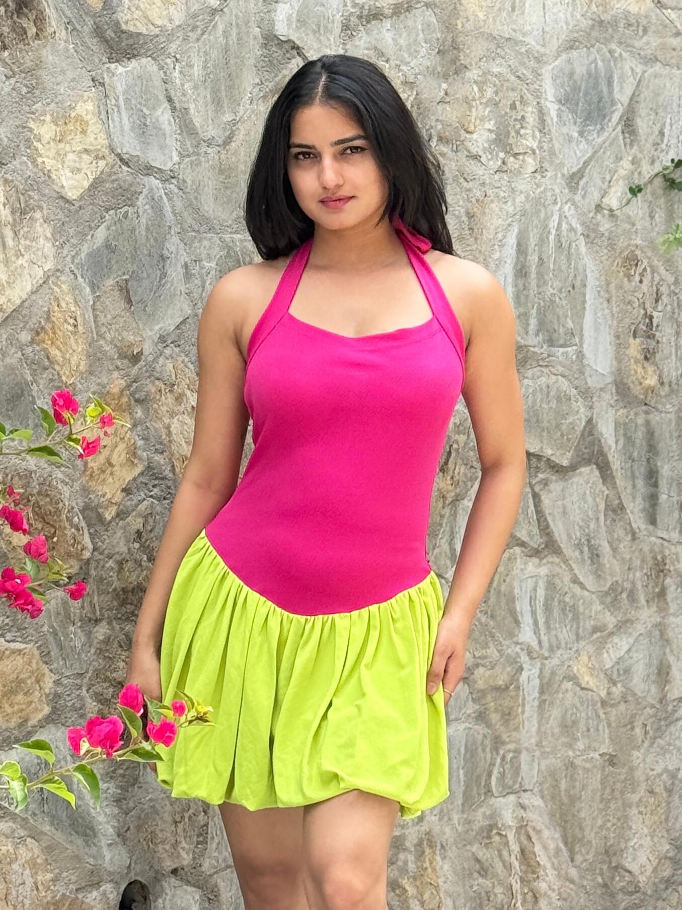 TANDUL Women Vibrant Pink and Green Balloon Dress